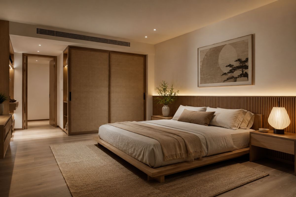 Japandi style bedroom with warm lighting, wood wall panels, sliding doors, and a low bed.