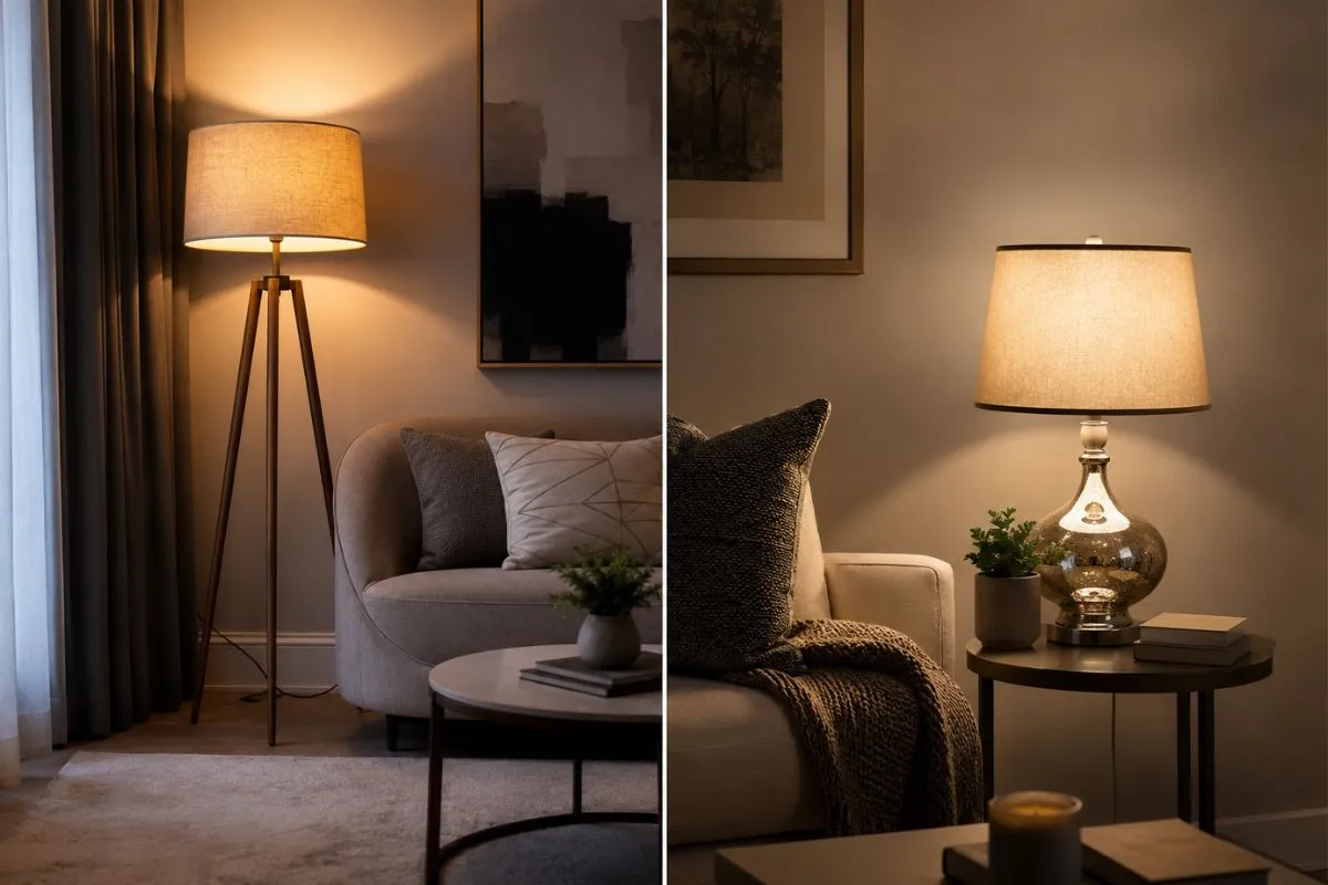 Side-by-side comparison of a tall tripod floor lamp and a warm bedside table lamp.