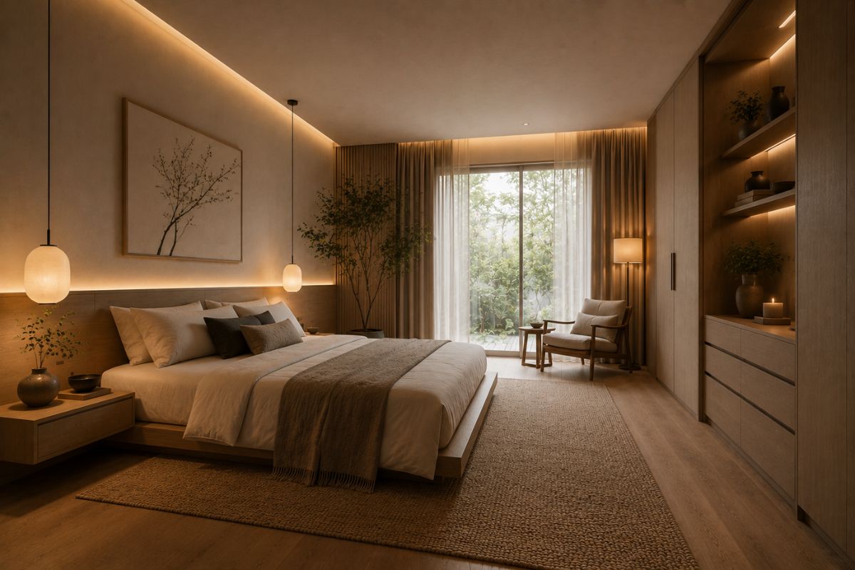 Warm Japandi bedroom featuring soft hidden lights, paper hanging lamps, and a woven rug.