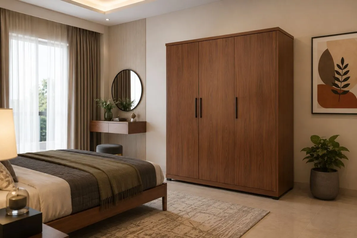 Modern bedroom interior with a freestanding wooden wardrobe design standing beside a vanity table.