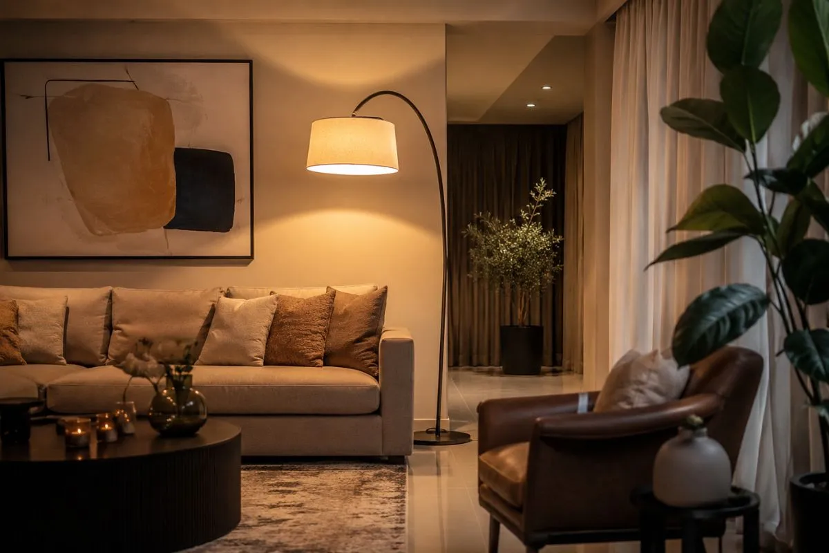 Cozy living room illuminated by a tall black arched floor lamp beside a modern sofa.