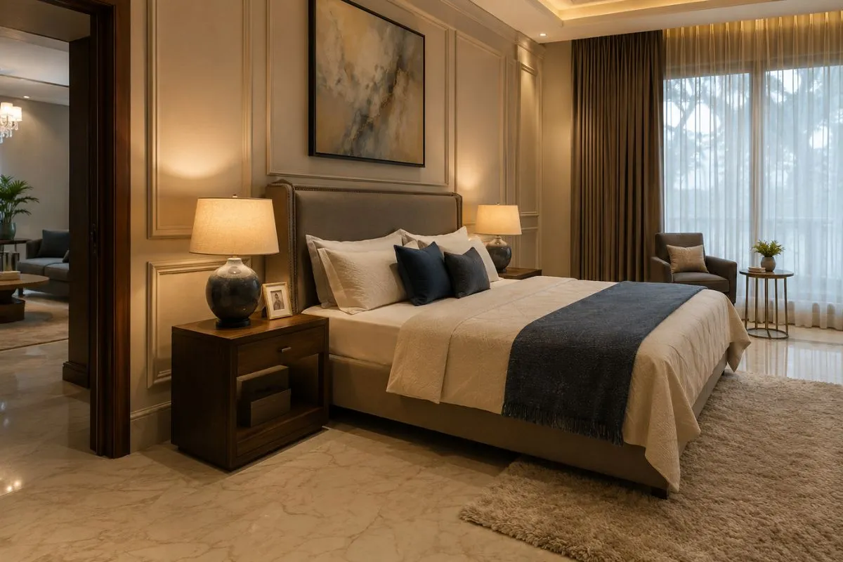 Warm bedroom setting with stylish matching table lamps on wooden bedside nightstands.