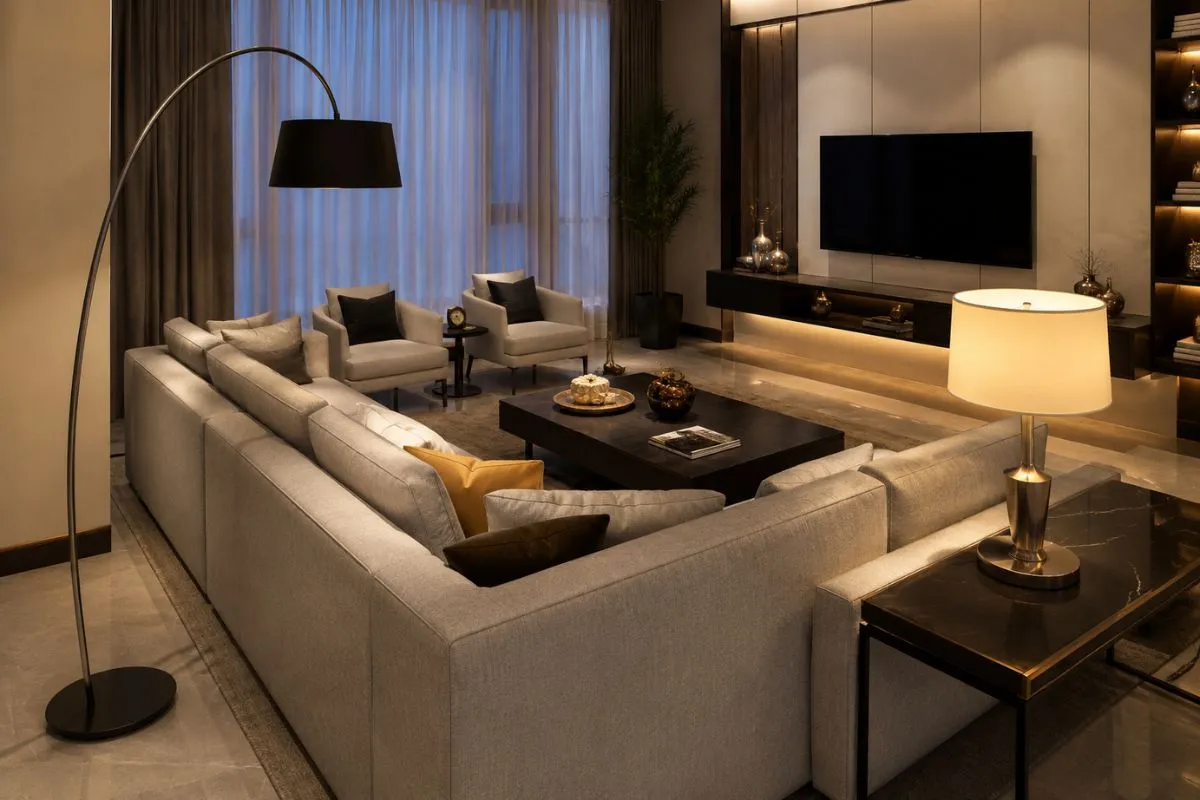 Modern living room setup with an arched floor lamp and a sleek console table lamp.