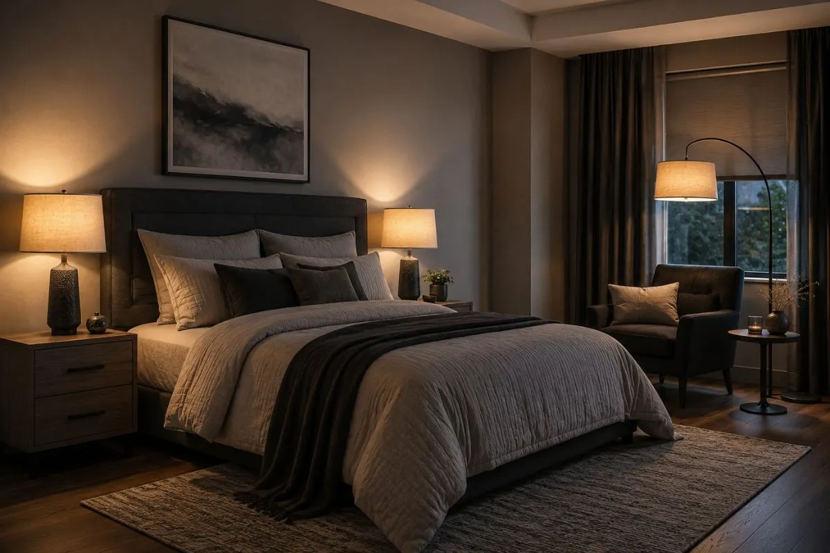 Cozy bedroom with warm bedside table lamps and an arched floor lamp by an armchair.