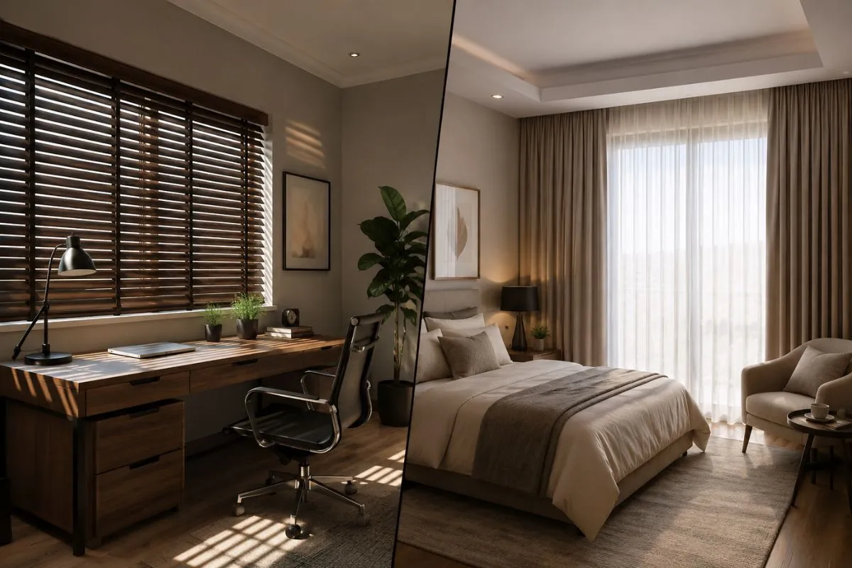 Side-by-side comparison of blinds vs curtains.