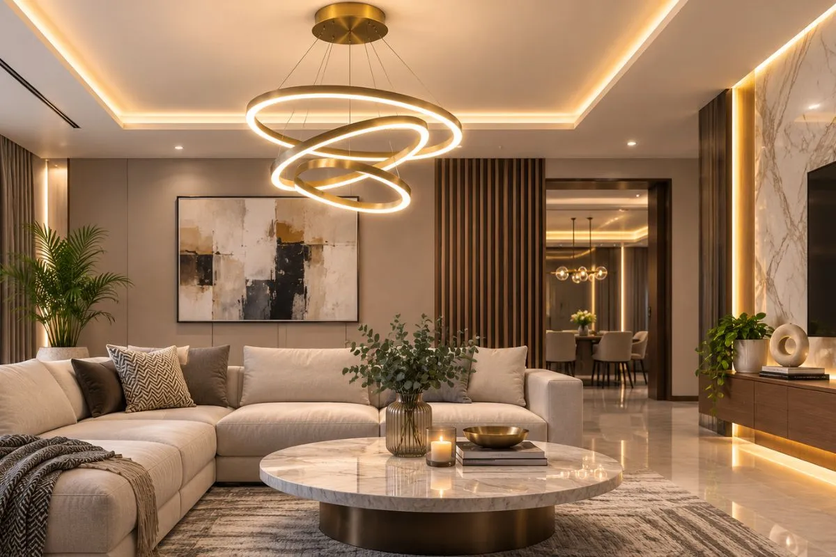 A modern gold ring light hangs over a cozy sofa and marble table in a warm living room.