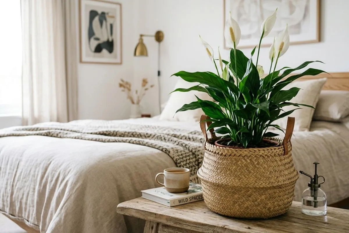 Peace Lily in a woven basket works as low maintenance indoor plants for a bedside table.