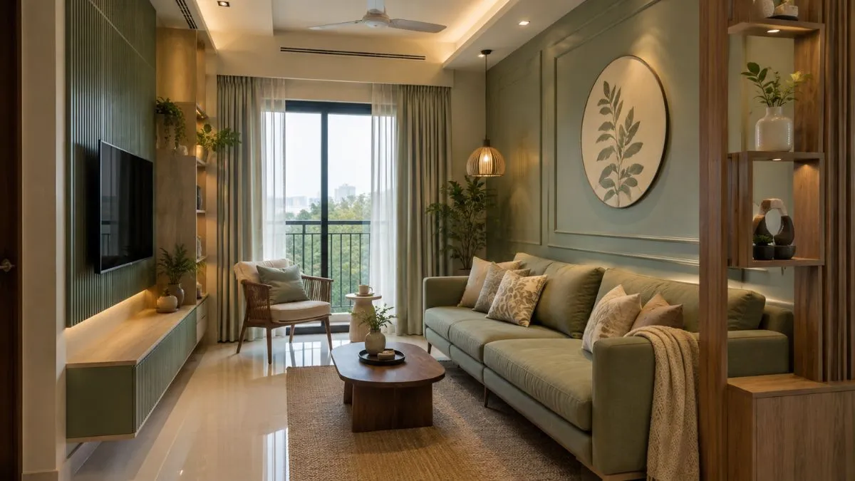 Small green living room with comfortable sofa, wooden coffee table, and soft lighting.