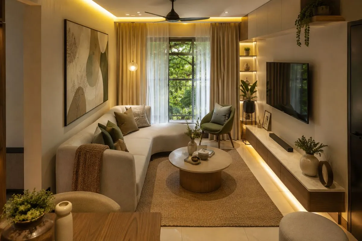 Cozy living room with curved cream sofa, round coffee table, green chair, and warm lights.