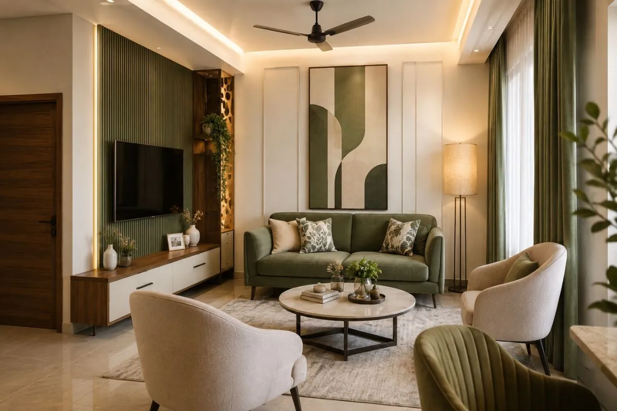 Living room with green wood slatted TV wall, green couch, round table, and two armchairs.