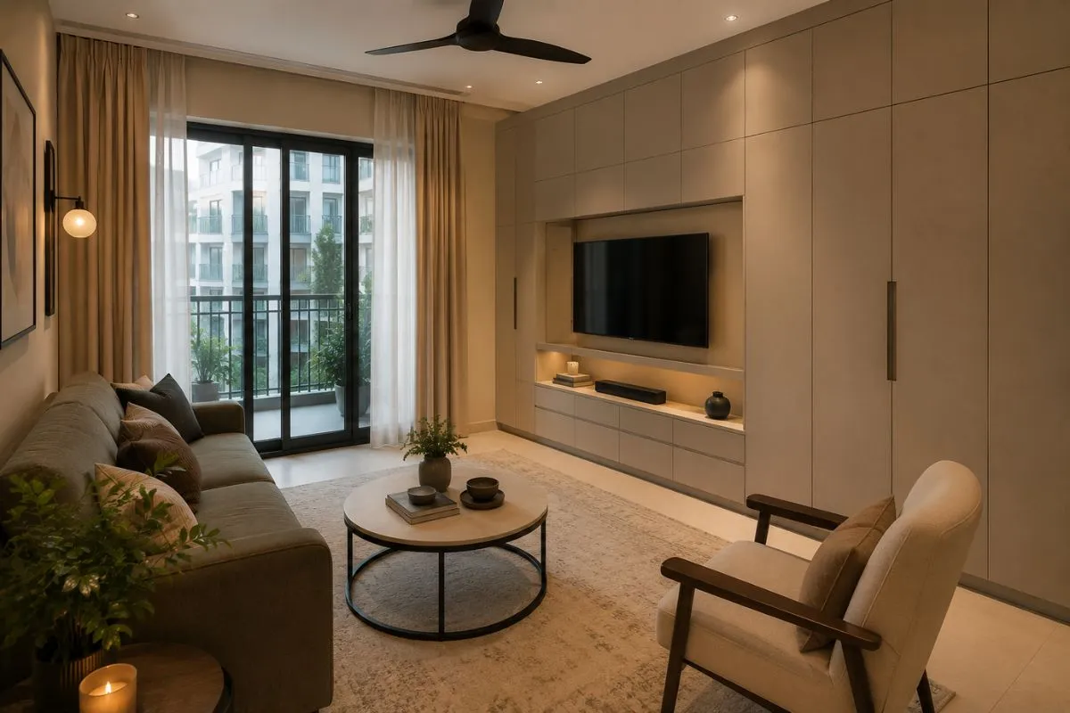 Living room featuring beige built-in wall storage, TV, grey sofa, and a round coffee table.