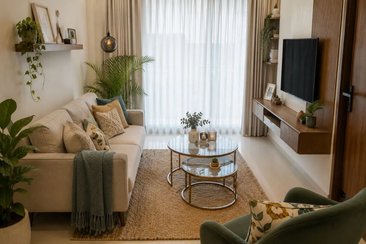 Compact living room with light couch, glass nesting tables, rug, and floating TV console.
