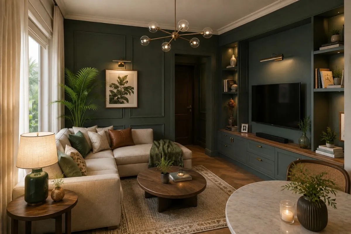 Dark green living room with wall cabinets, L-shaped beige couch, and round wooden table.
