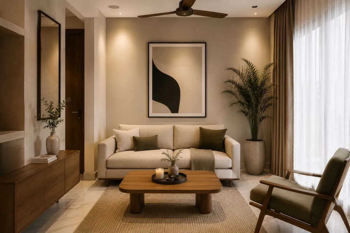 Minimalist living room with beige sofa, wooden coffee table, armchair, and abstract art.