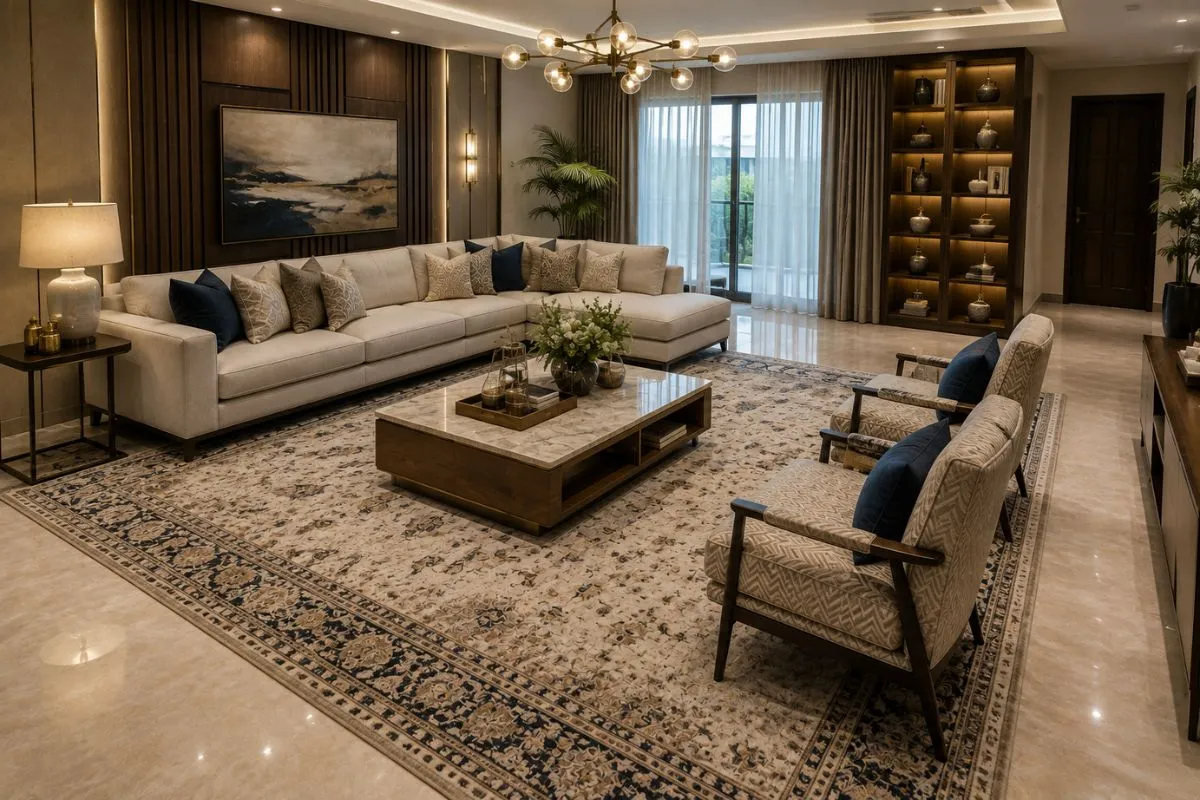 Luxury living room with large corner sofa, patterned rug, marble coffee table, and warm light