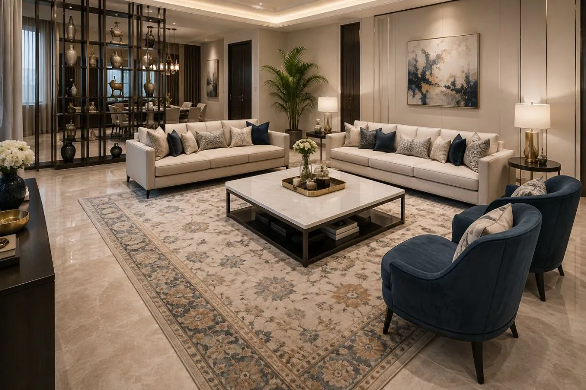 Spacious living room with two off-white sofas, blue armchairs, and a large traditional rug.