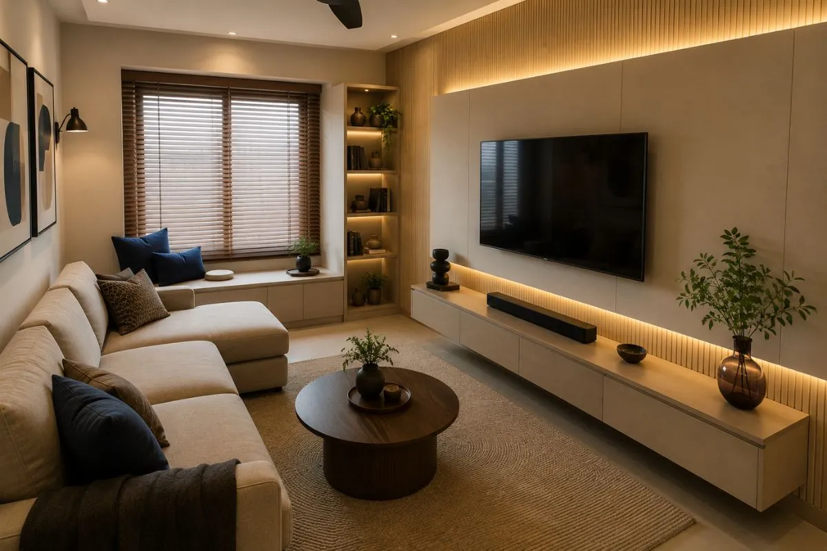 Small living room with a sleek flat TV wall, backlighting, sectional sofa, and coffee table