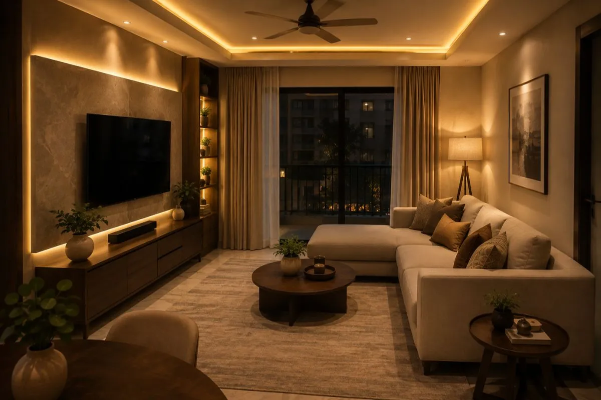 Living room with warm ambient lighting, sectional sofa, round coffee table, and TV console.