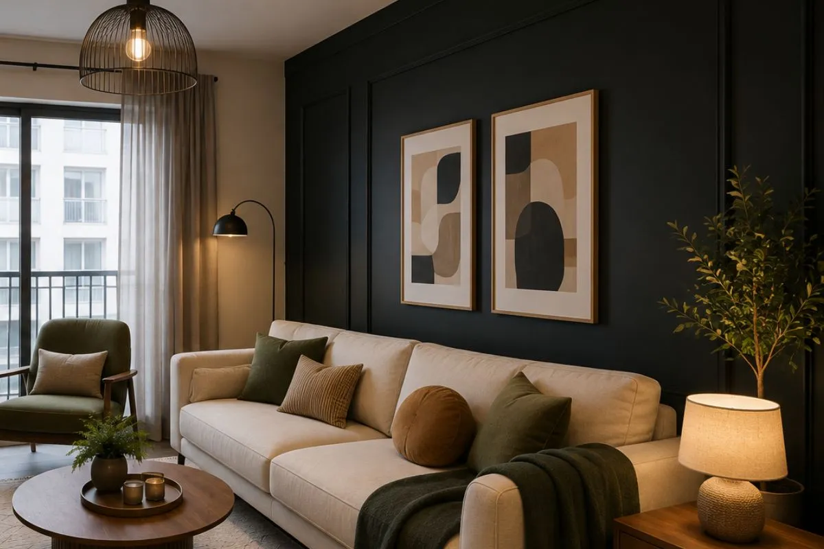Cozy living room with a dark accent wall, two framed art prints, cream sofa, and coffee table