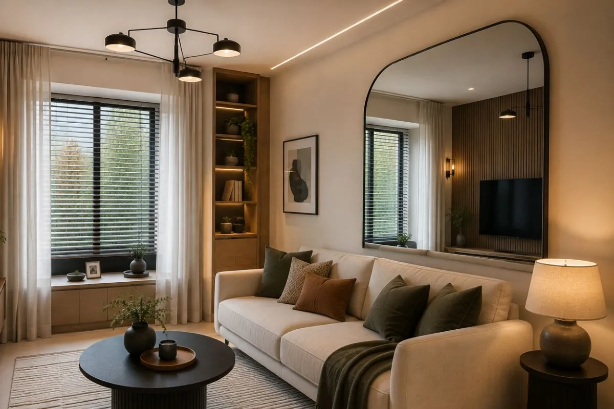 Small living room with large arched wall mirror reflecting natural light above a cream sofa.