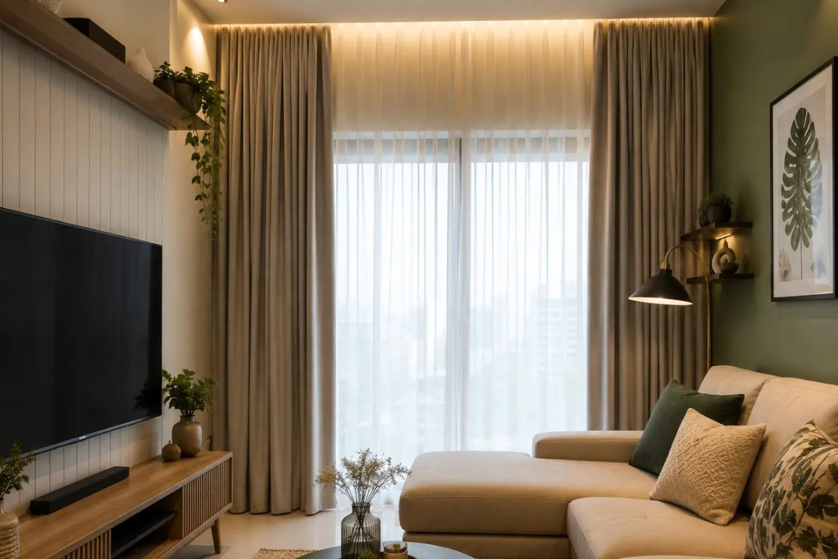 Living room featuring floor-to-ceiling curtains, glass doors, sectional sofa, and a TV unit.