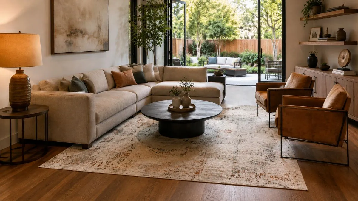 Modern living room with beige sectional sofa, dark round table, and a large patterned rug.