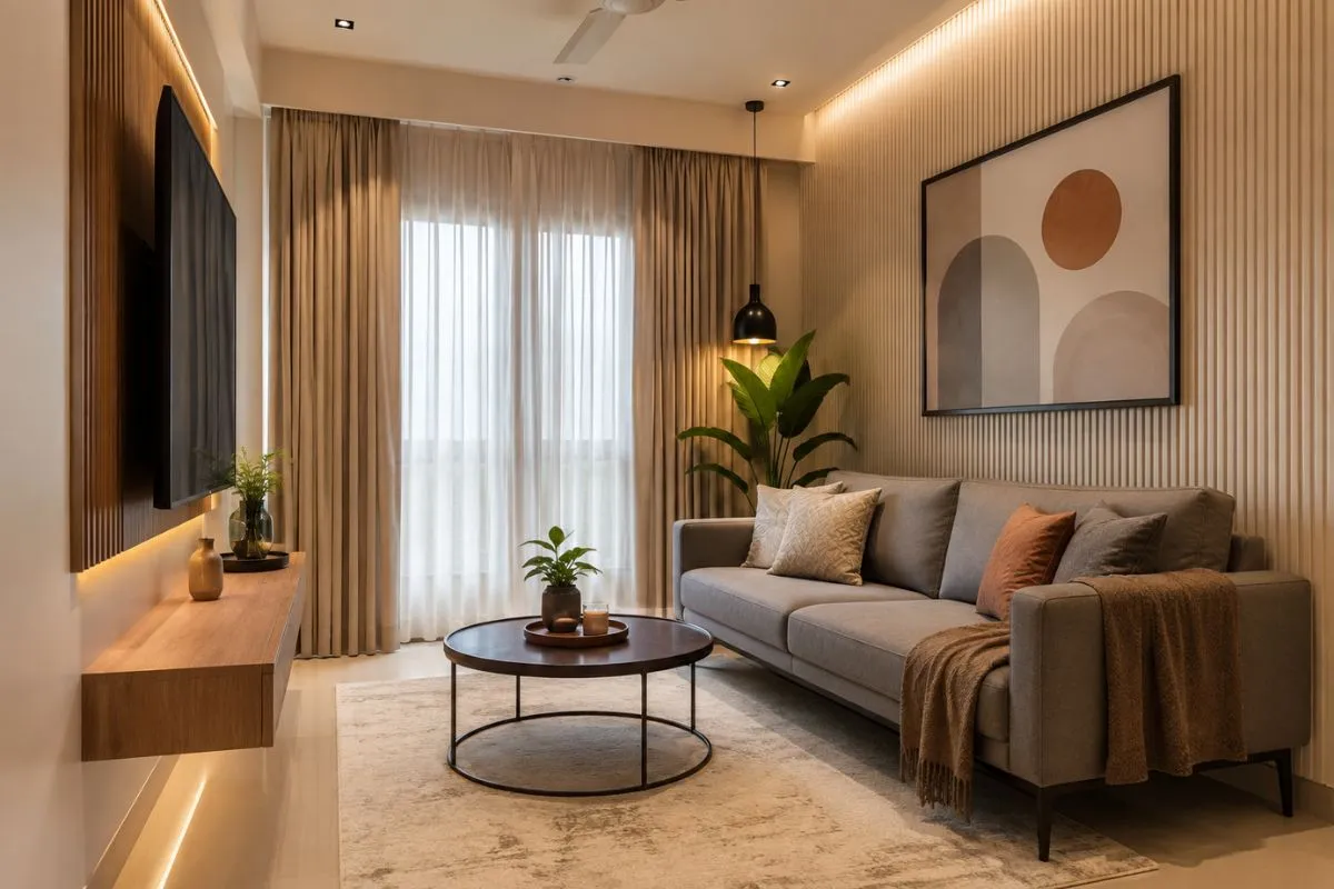 Modern living room with grey sofa on slender black legs, round table, and slatted wood wall.