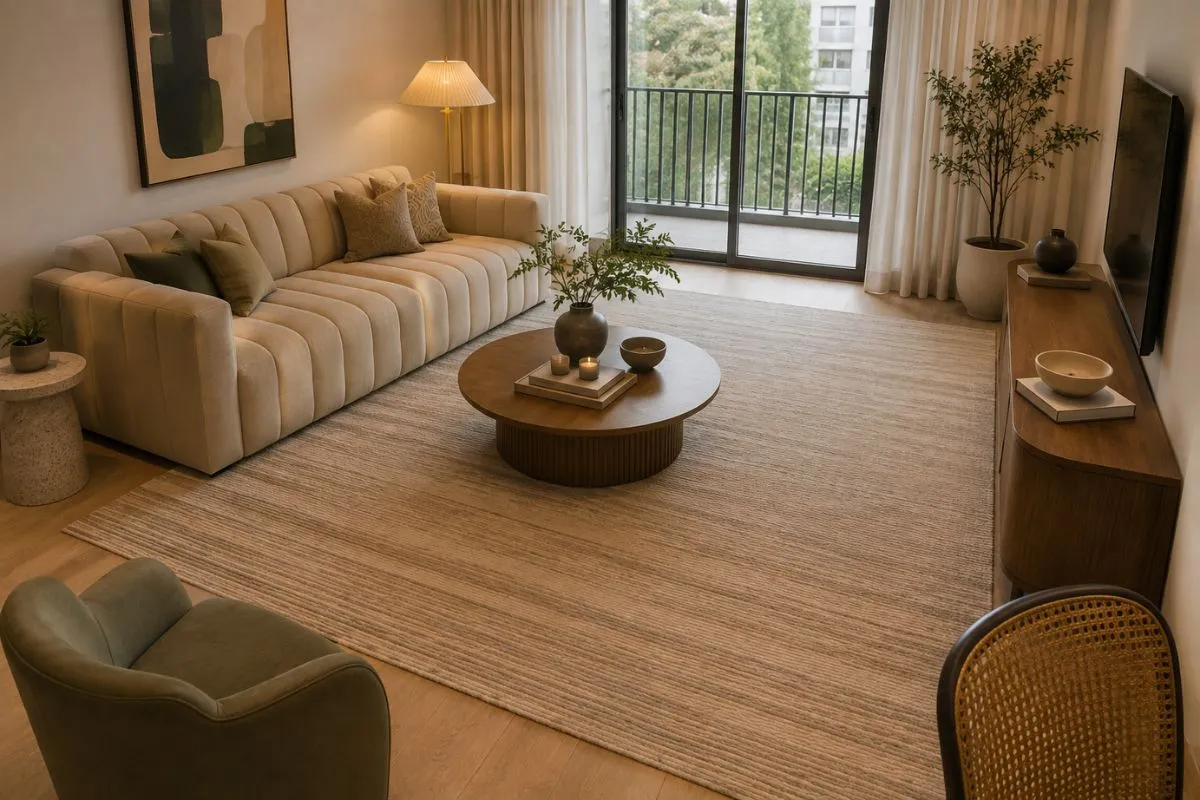 Spacious living room setup featuring a large neutral rug under a sofa and round wooden table.