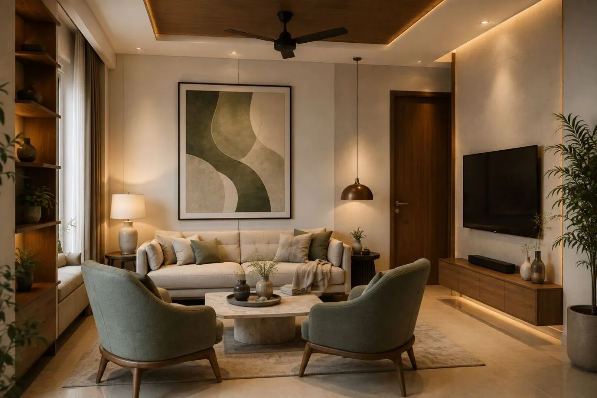 Living room featuring a large abstract art piece above a sofa, armchairs, and warm lighting.