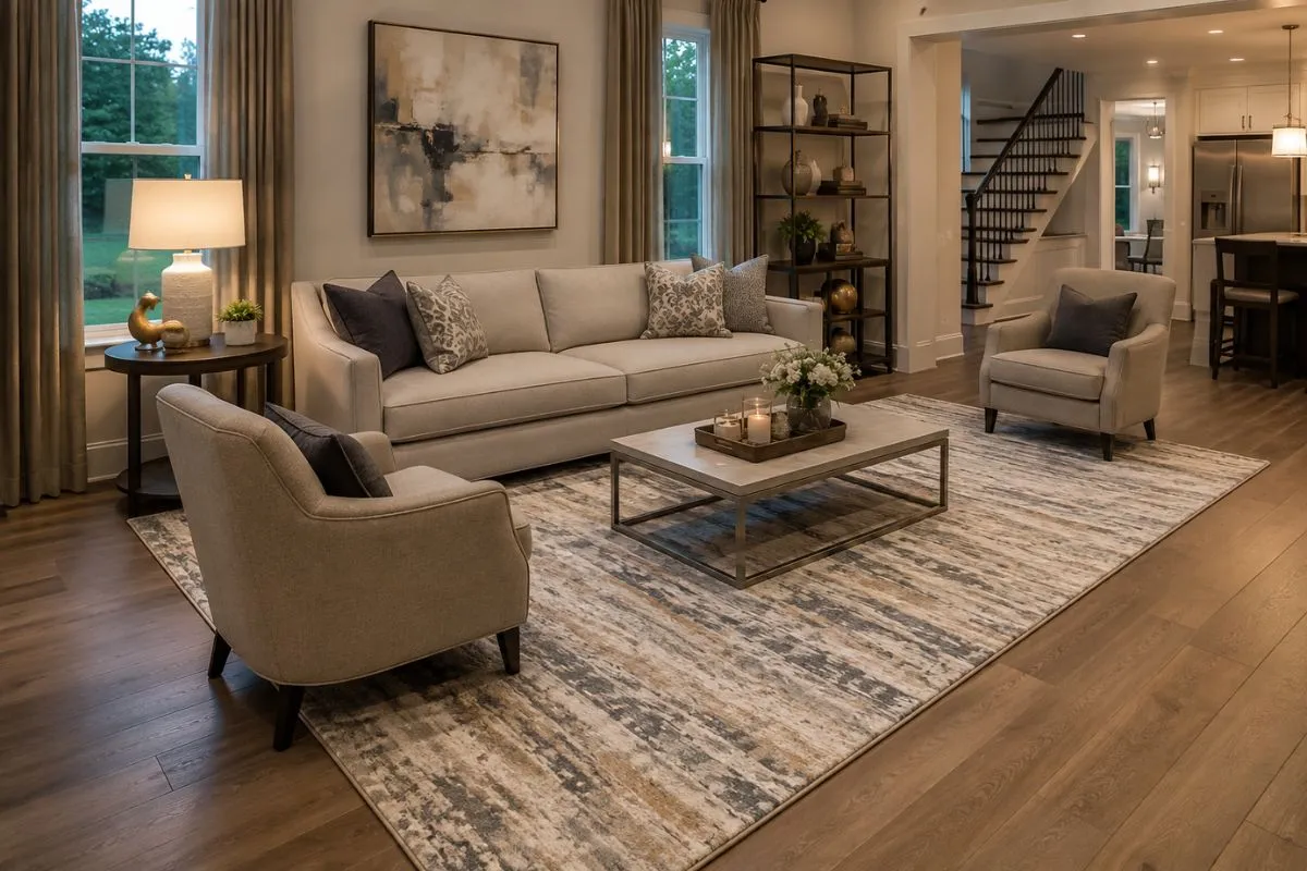Warm living room featuring light grey sofa, two armchairs, rectangular rug, and coffee table.