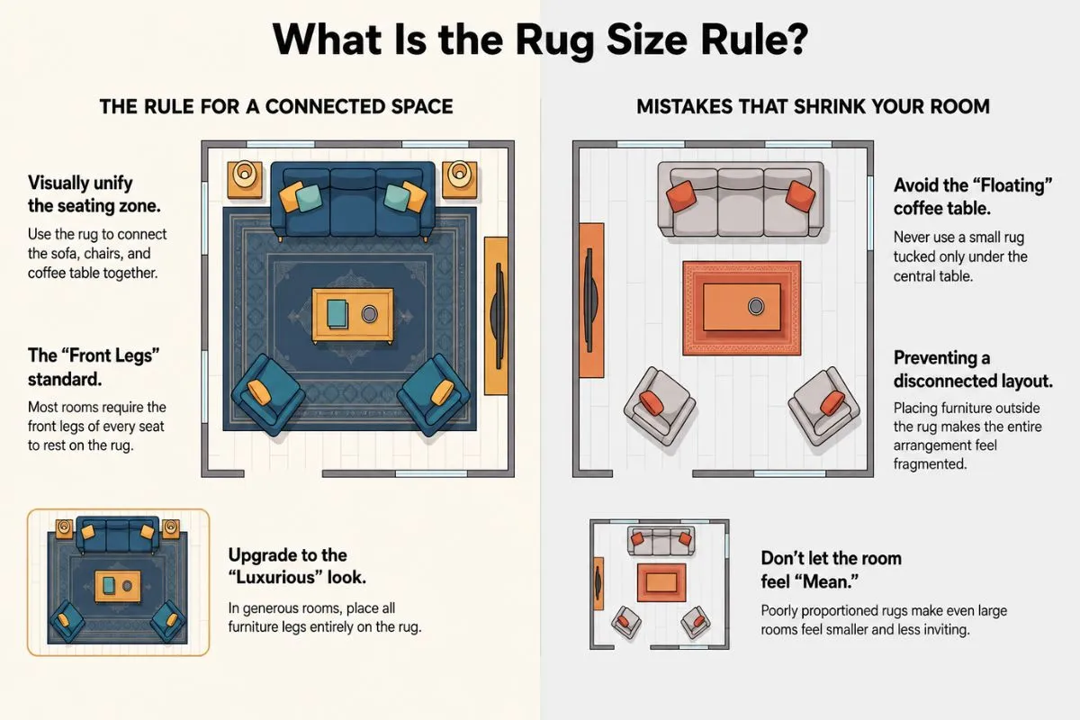 Diagram showing correct and wrong ways to place a rug under furniture in a living room layout.