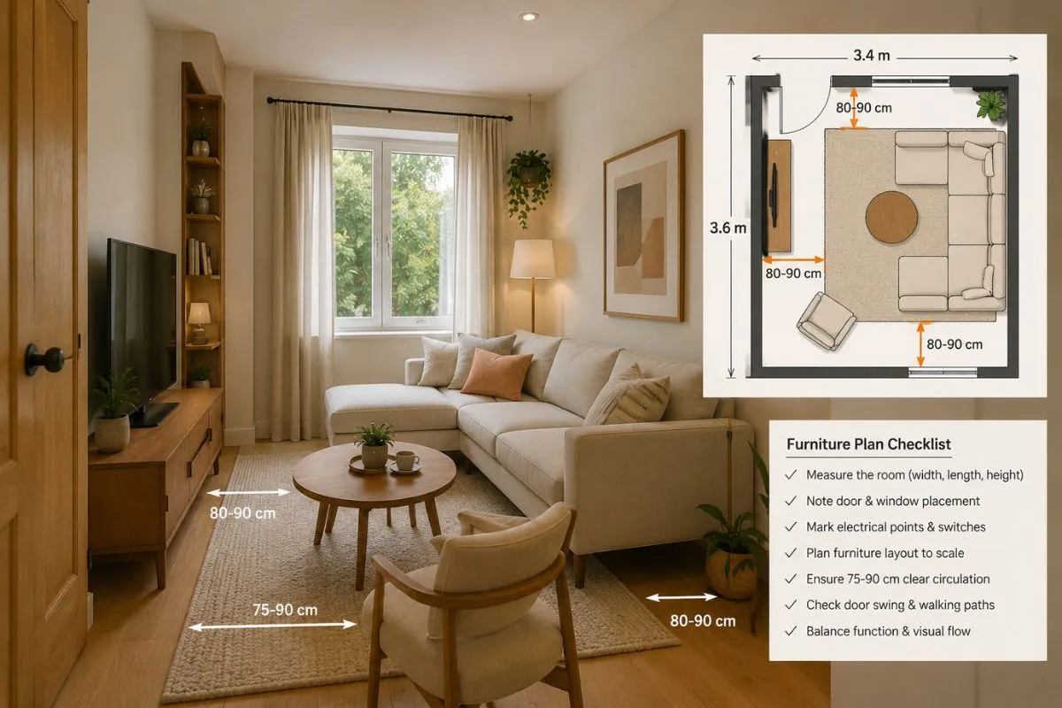 Small living room layout showing measurement lines alongside a furniture planning checklist