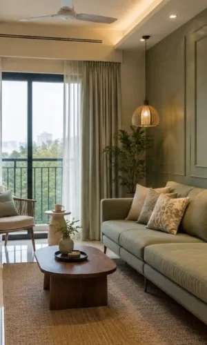 Small green living room with comfortable sofa, wooden coffee table, and soft lighting.