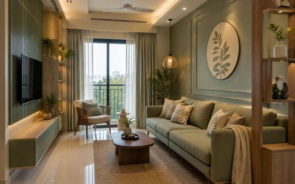 Small green living room with comfortable sofa, wooden coffee table, and soft lighting.