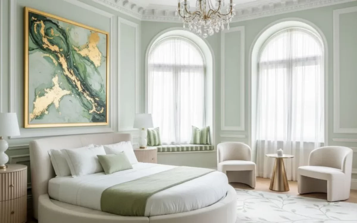 An elegant bedroom with pale green walls, a round cream bed, large arched windows, and a green and gold abstract painting.