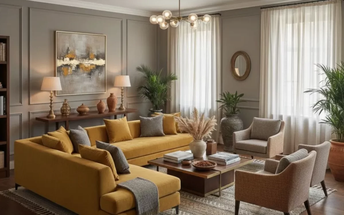 Modern living room featuring a mustard yellow sectional sofa, taupe paneled walls, and grey armchairs.