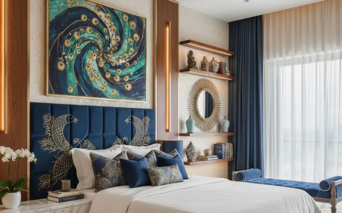 Elegant bedroom featuring a blue velvet headboard with gold embroidery and a vibrant peacock-themed wall painting, a rich Bedroom Wall Design.