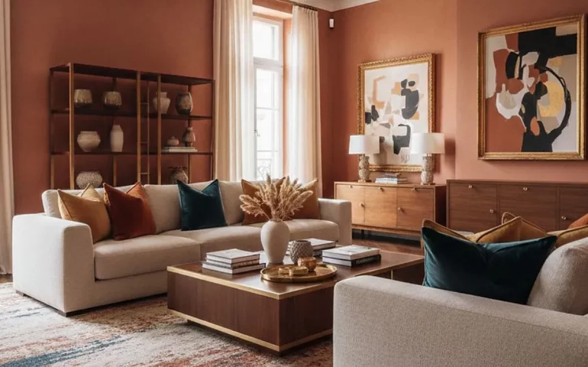 A warm room with rich terracotta walls and dark wood furniture. These earthy Living Room Paint Ideas offer a fresh new look that feels both cozy and high-end for any home.