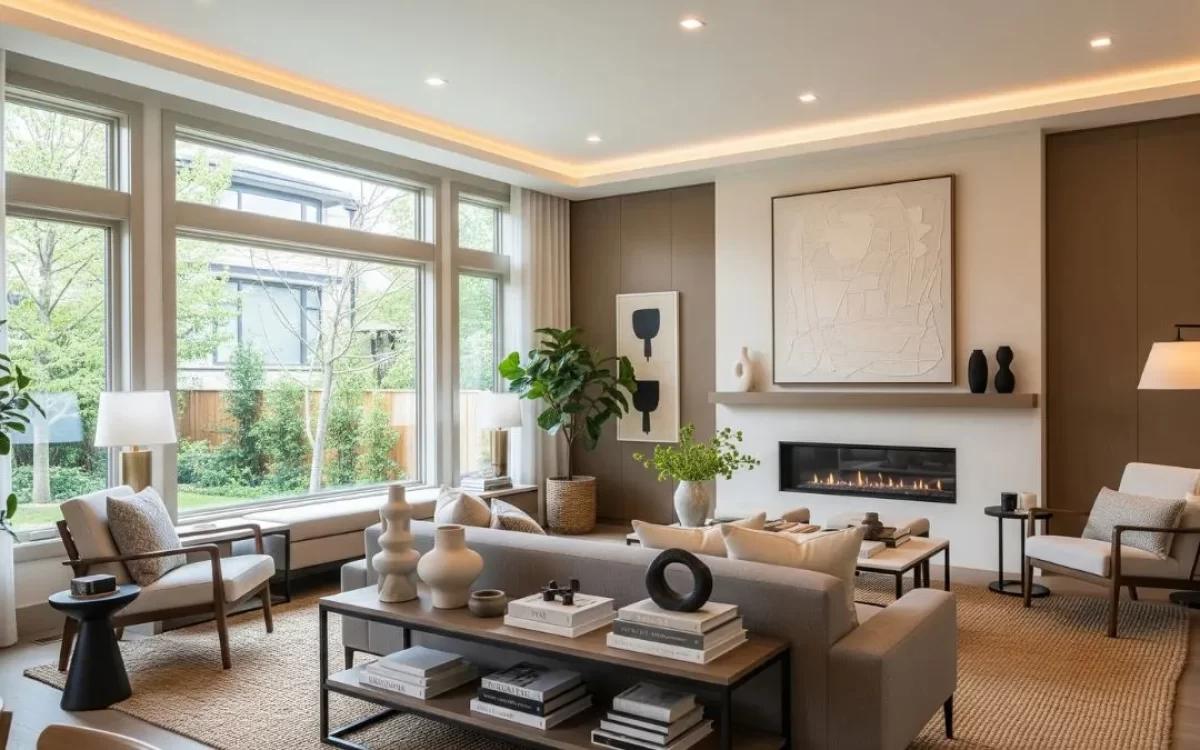 Modern living room featuring warm cove ceiling lighting, recessed spotlights, and strategic accent lamps.