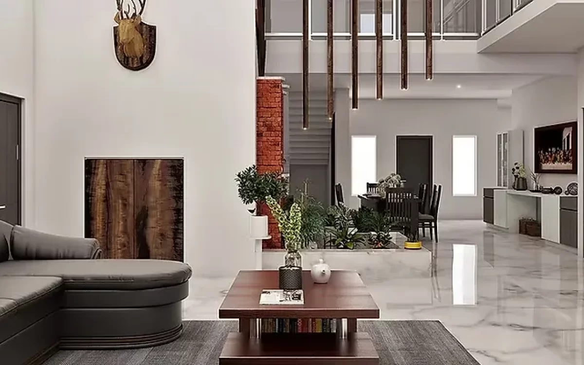 A modern multi-level home interior showing an open floor plan with glossy, grey-veined marble tile flooring throughout.
