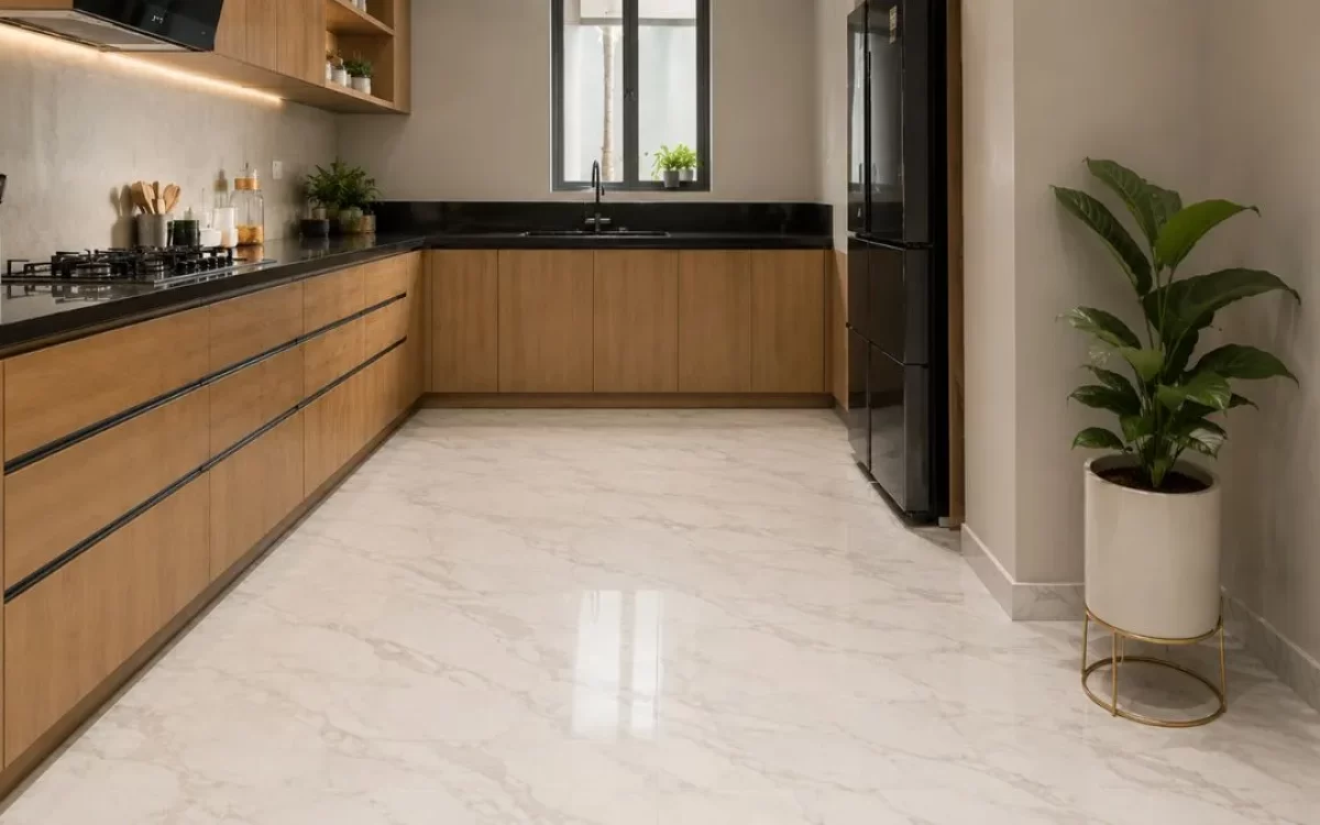 Modern wooden kitchen with shiny white marble flooring.
