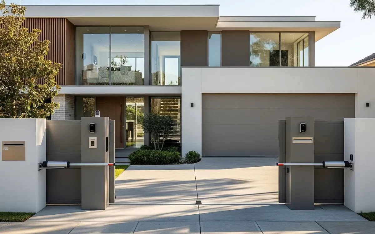 A modern home with a contemporary home front design, featuring an integrated gray garage door, large glass windows, and a sleek, automated dual-arm gate that blends seamlessly with the white and gray exterior.