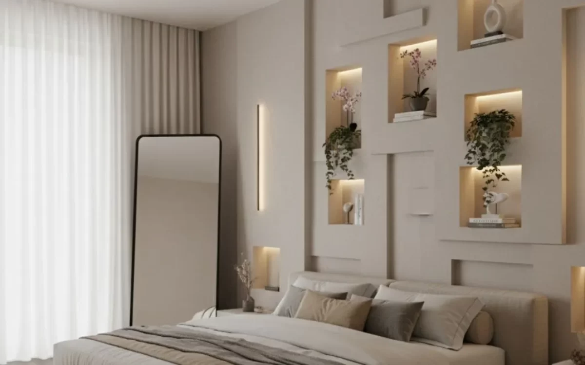 Bedroom Wall Decor Ideas with a large abstract painting highlighted by perimeter lighting above a modern upholstered bed.