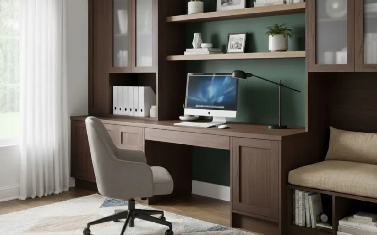 A home office featuring a dark wood built-in desk, a green accent wall, a computer, a grey chair, and a reading nook.