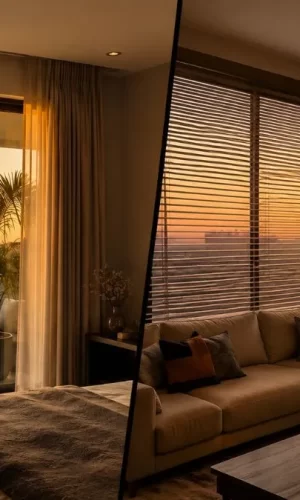 Side-by-side view comparing sheer window curtains with window blinds.