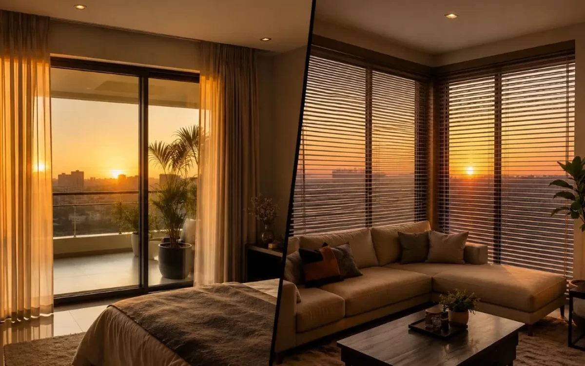 Side-by-side view comparing sheer window curtains with window blinds.