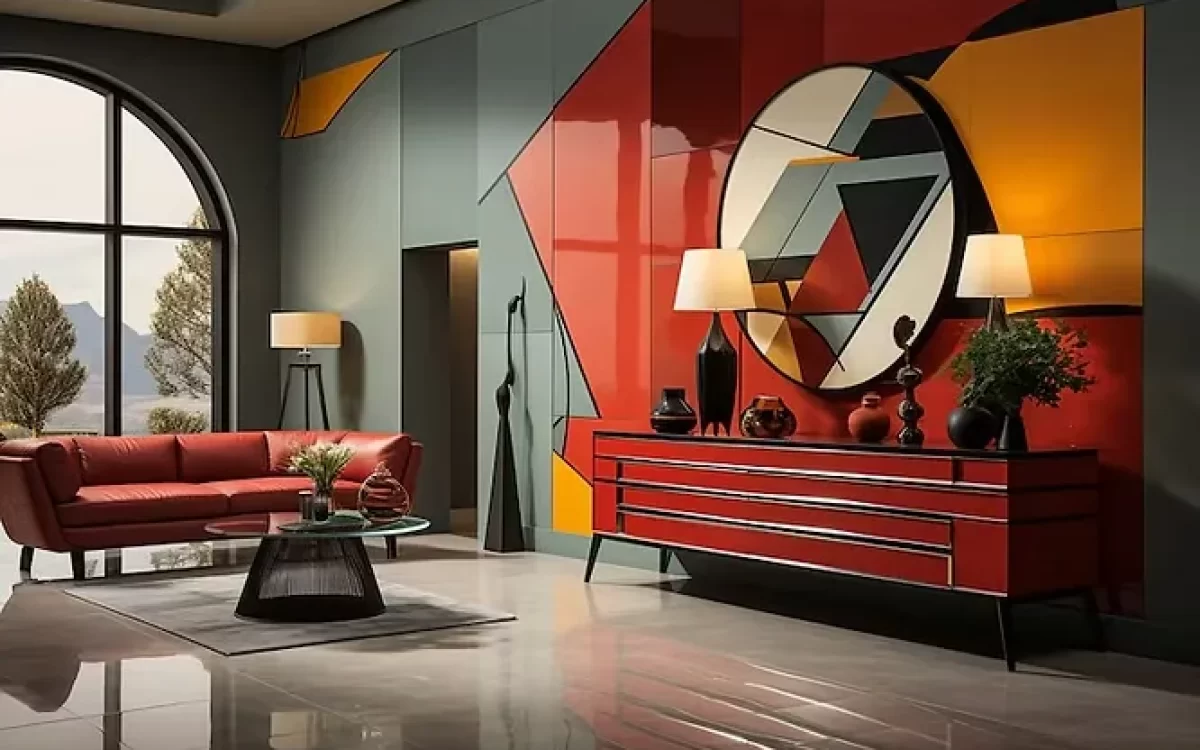 Vibrant living room interior styled with bold colors and patterns, featuring colorful pillows and abstract accent art.