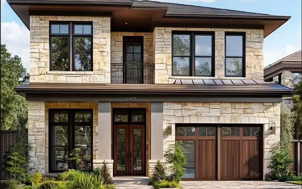 Two-story luxury home clad in a textured combination of light brick and natural stone with dark wood accents.