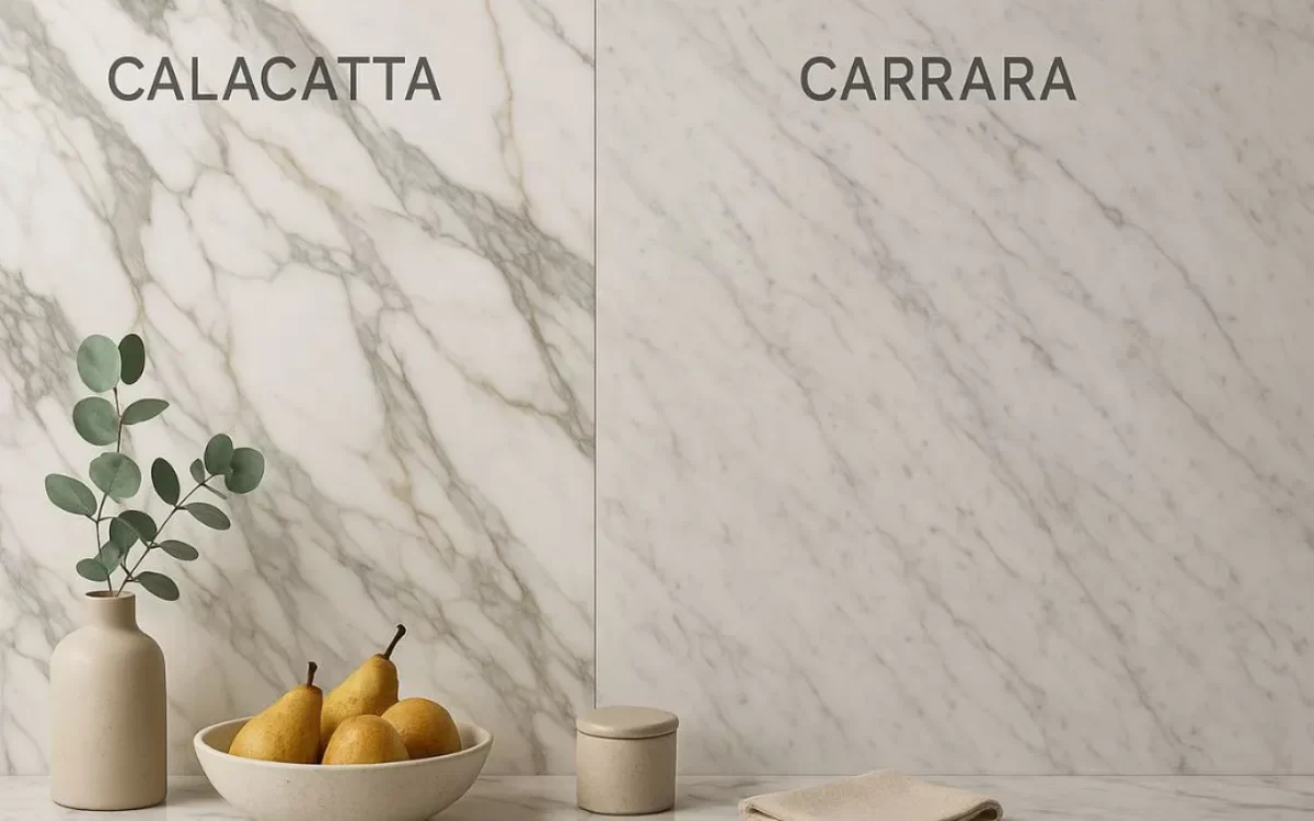 Visual comparison of Calacatta marble vs. Carrara marble, showing distinct bold veins next to softer gray veining.