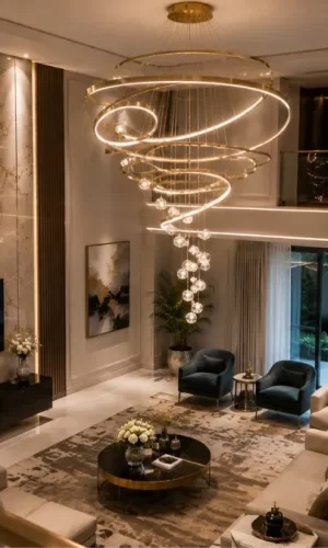 A tall spiral hanging light fixture shines in a large double-height luxury living room.